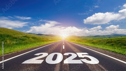 Obraz na płótnie A symbolic journey towards the year 2025, featuring a sunrise on a road, evoking optimism and the start of a new era. w salonie
