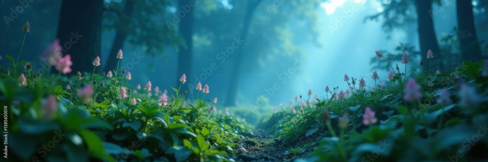 Naklejka premium ethereal plants illuminate the foggy undergrowth with soft blue light, alien landscape, dreamlike, glowing plants