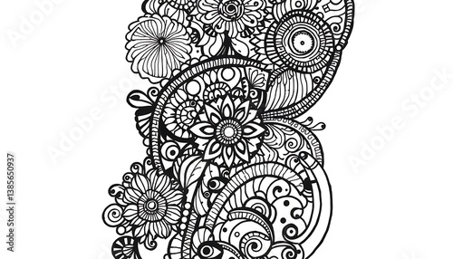 Floral intricate seamless pattern design, black and white doodle element
