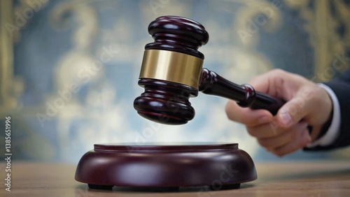 A close-up view of a wooden judge's gavel with gold trim, held by a hand in a courtroom setting.