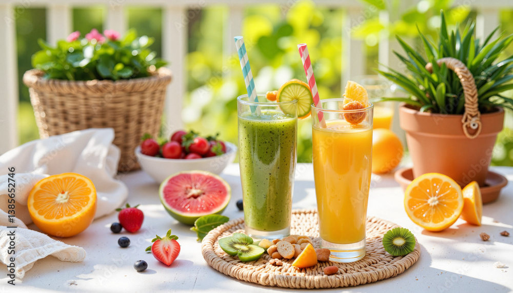 Fototapeta premium Colorful fruit smoothies on outdoor table