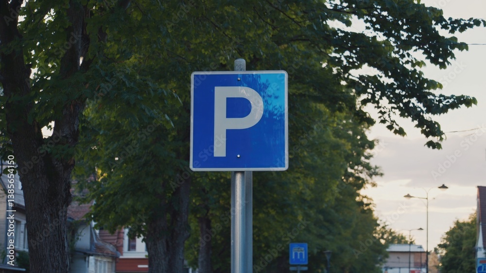 Fototapeta premium Blue parking sign indicating a designated parking space in an urban area.