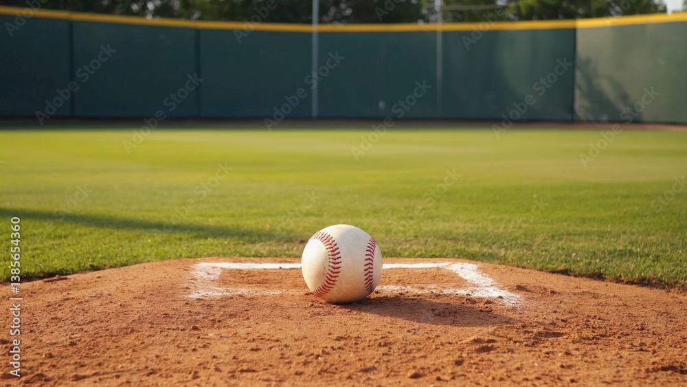 Sports ball on baseball field, showing equipment and setting for a game.