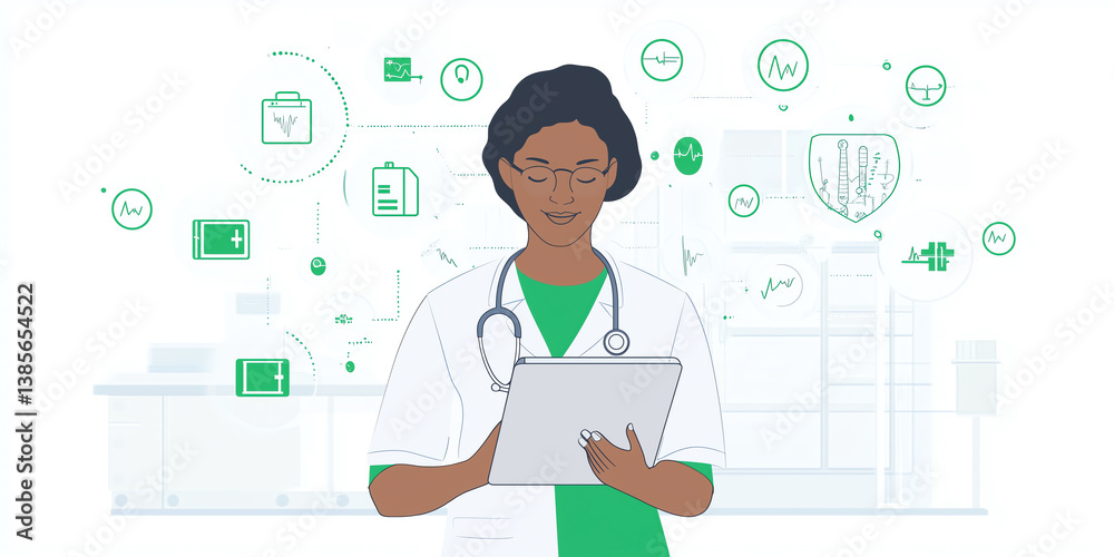 Healthcare Worker Interacting with Tablet Surrounded by Digital Health Icons Healthcare Worker Interacting with Tablet Surrounded by Digital Health Icons