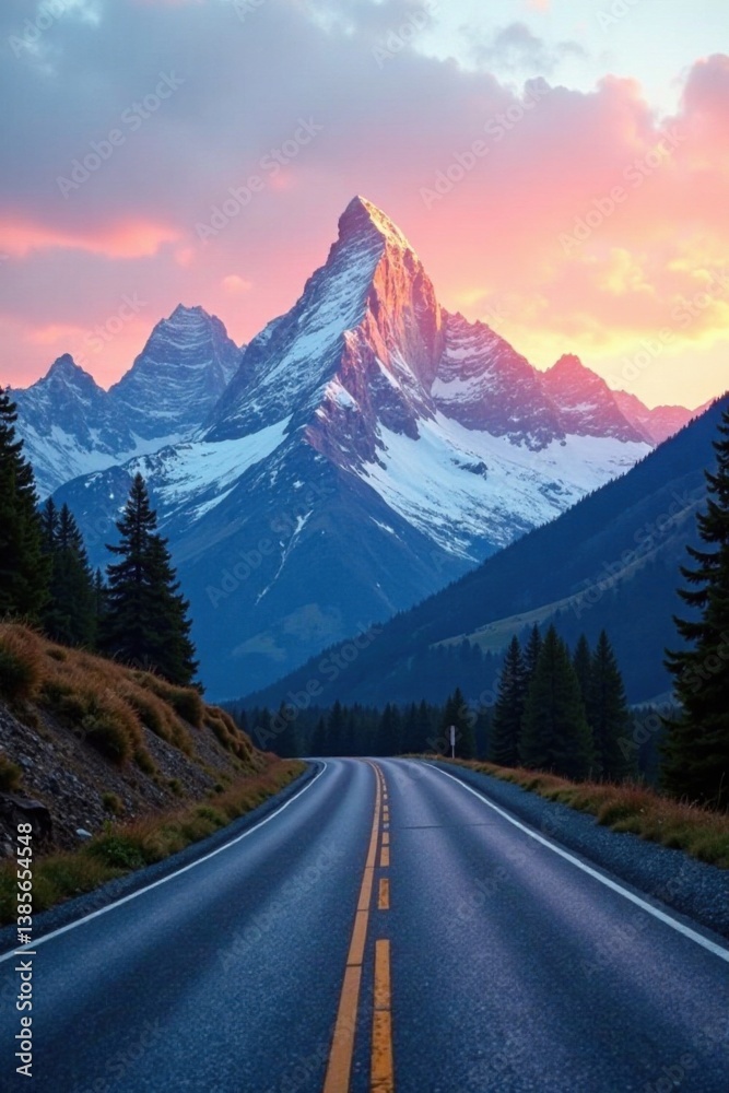 Epic mountain road with snow-capped peaks at dawn, natural scenery, winter wonderland, rugged beauty Epic mountain road with snow-capped peaks at dawn, natural scenery, winter wonderland, rugged beauty