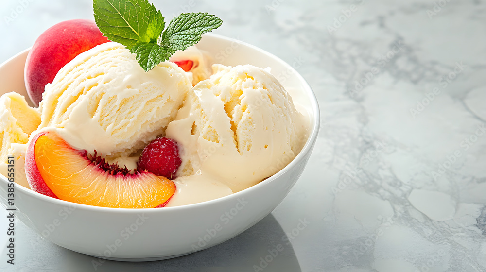 Creamy vanilla ice cream with fresh fruit and mint garnish in bowl Creamy vanilla ice cream with fresh fruit and mint garnish in bowl