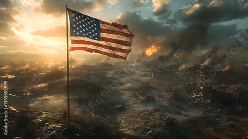 American Flag Stands Tall Over Post Apocalyptic Cityscape at Sunset