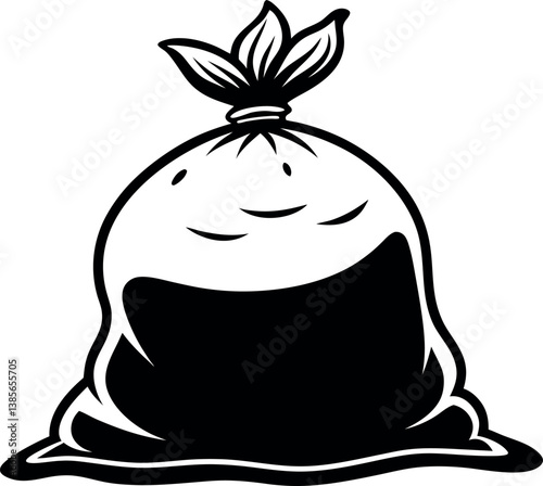 A cartoon illustration of a full garbage bag overflowing with waste materials