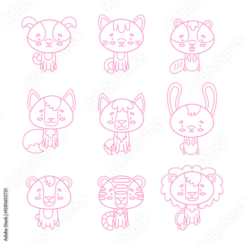 Set of vector animals. Cute smiley dog, cat, wolf, hare, fox, beaver, tiger, lion, bear. Cute animal faces. Hand drawn icon characters. Vector illustration.
