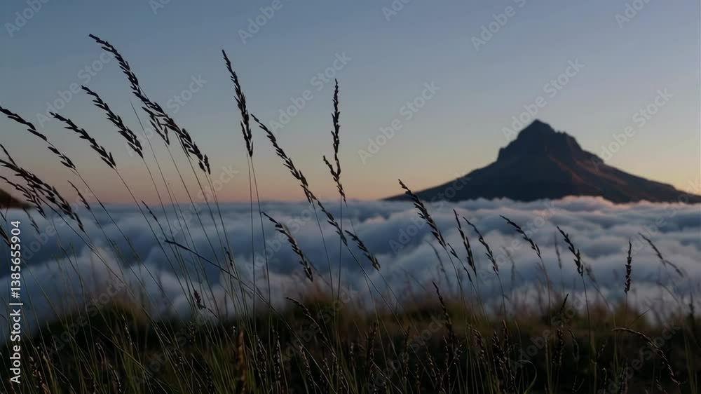 Pico mountain emerging from the clouds at sunset with grass swaying in the wind