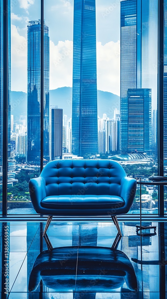 Obraz premium Modern couch, city view, interior, reflection