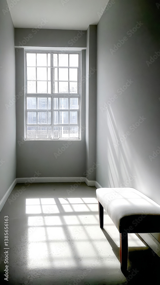 Fototapeta premium Bright morning light streaming through a window in a minimalist room with a simple bench
