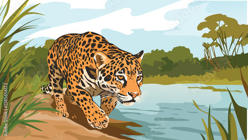 Pantanal Brazil with Jaguar in Wetlands in Digital Drawing.eps