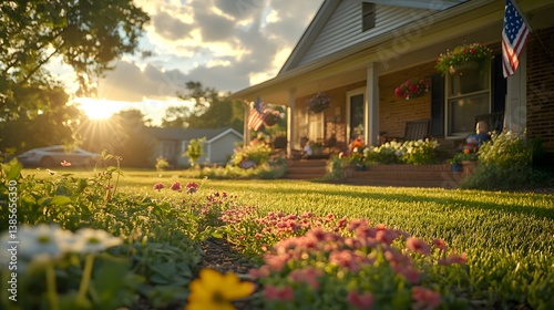 Serene Sunset View of Suburban Home with Lush Gardens and American Flags