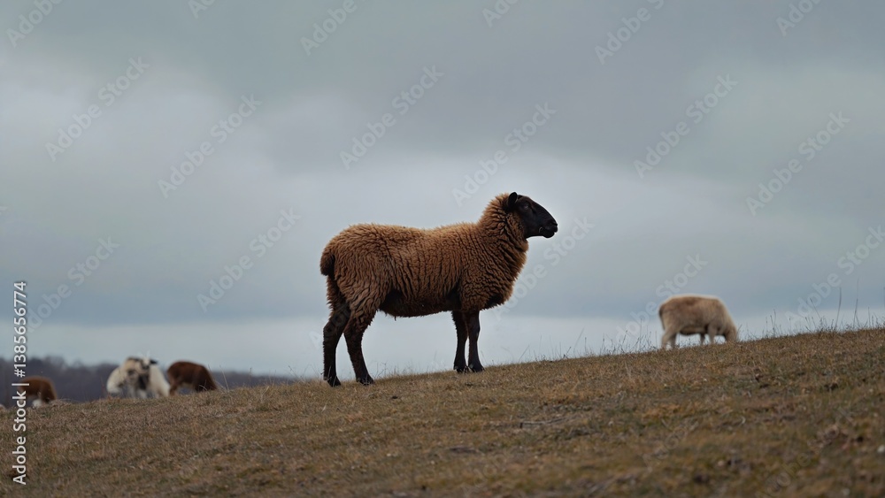 Fototapeta premium A single sheep standing on a grassy hill