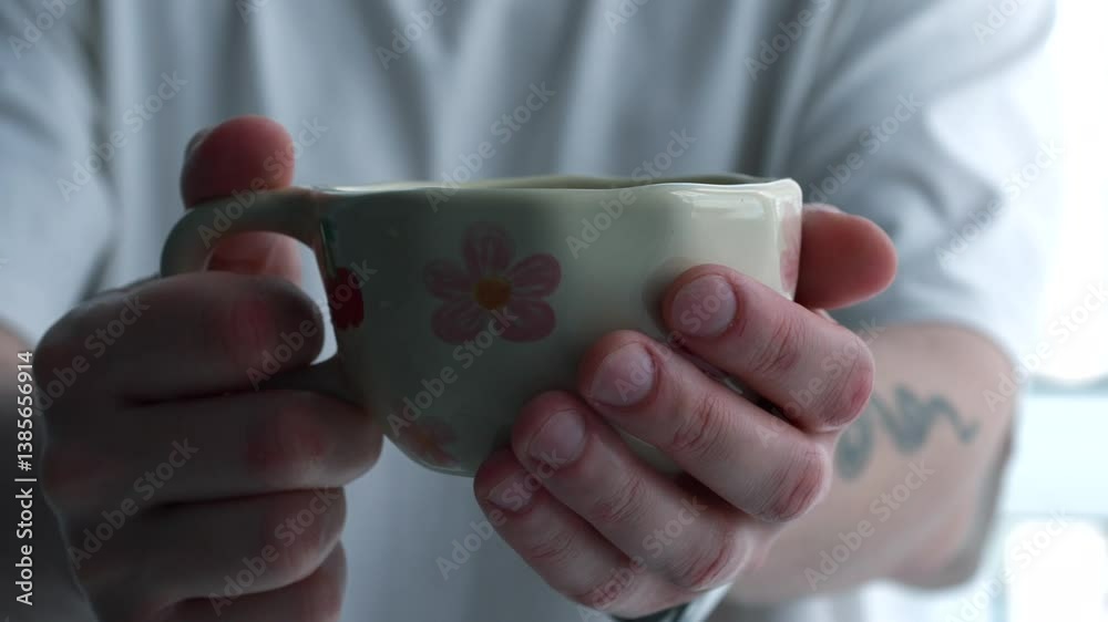 Porcelain mug with drawings in the hands of a person.
Handmade ceramic tableware.
A person drinks a hot drink from a beautiful cup Porcelain mug with drawings in the hands of a person.
Handmade ceramic tableware.
A person drinks a hot drink from a beautiful cup