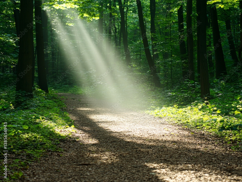 Fototapeta premium Sunbeams Illuminating Forest Path Tranquil Nature Scene Inspirational Landscape Vibrant Greenery Serene Viewpoint