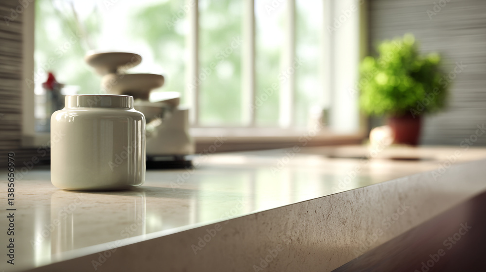 A white jar on a counter next to a scale and a plant with a window in the background indoors A white jar on a counter next to a scale and a plant with a window in the background indoors