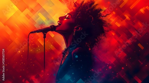 Passionate Female Singer Performing on Stage Dynamic Red Abstract Background Music Concert