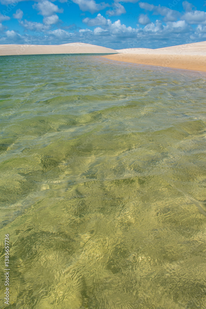Barreirinhas, Maranhao State National Park, Brazil: view of Lencois Maranhenses, white and rolling sand dunes with natural pools of fresh water, desert landscape, world's unique natural beauty
