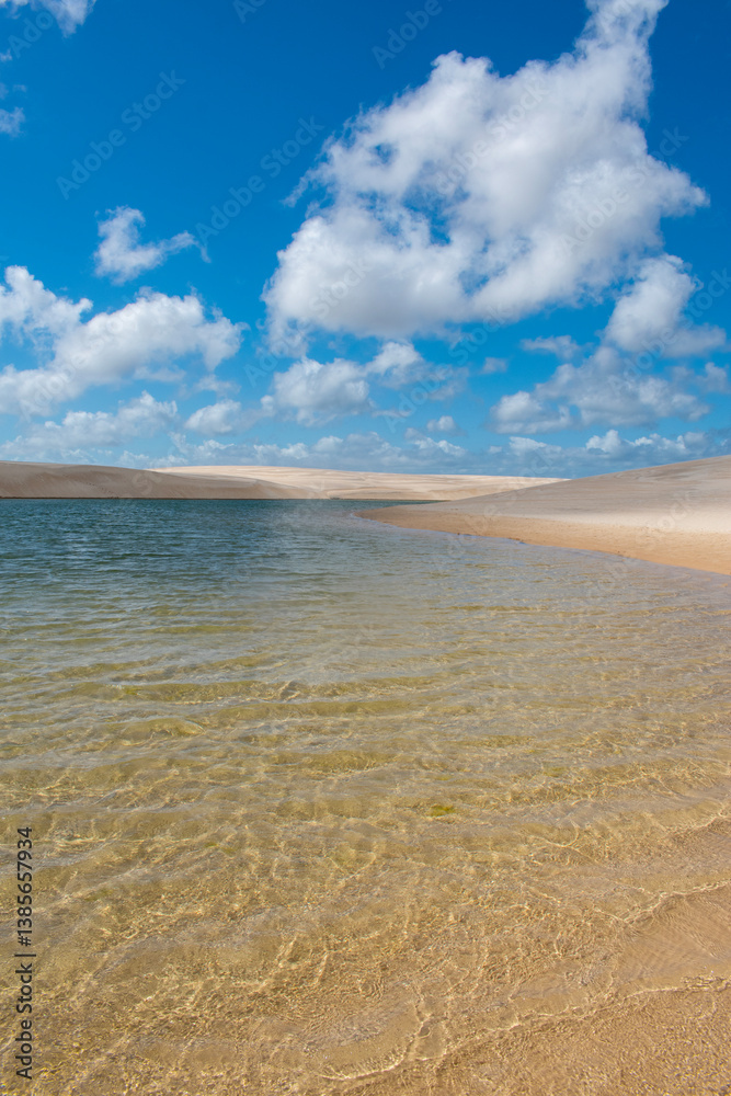 Barreirinhas, Maranhao State National Park, Brazil: view of Lencois Maranhenses, white and rolling sand dunes with natural pools of fresh water, desert landscape, world's unique natural beauty