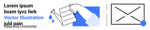 Hand crumpling paper with water droplets, simple envelope layout. Ideal for creativity, frustration, communication, minimalism, recycling, graphic design, simple landing page