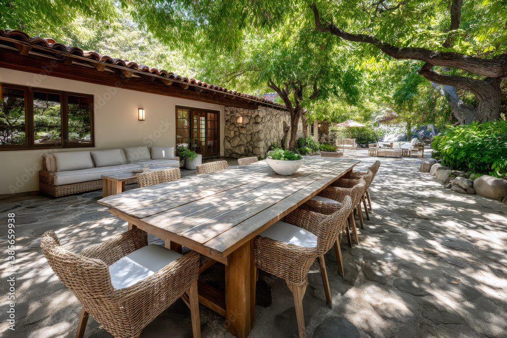 Fototapeta premium Outdoor dining area featuring a rustic table surrounded by greenery in a tranquil setting