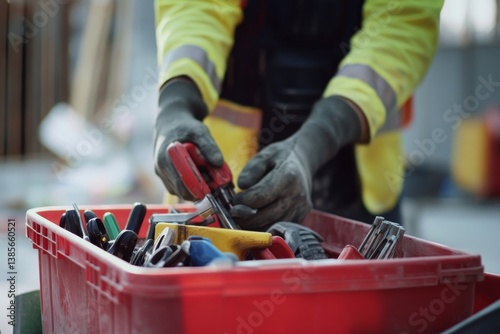 A construction worker organizing tools at a job site. Featuring tidiness and preparation