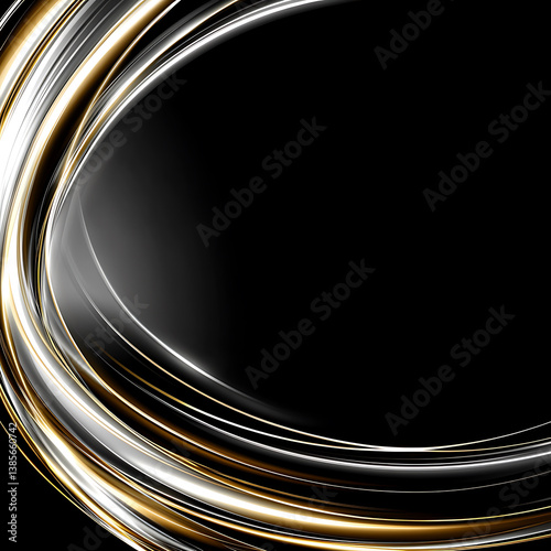 Swirling golden and silver light trails gracefully orbit against a stark black background creating a dynamic and elegant abstract composition.