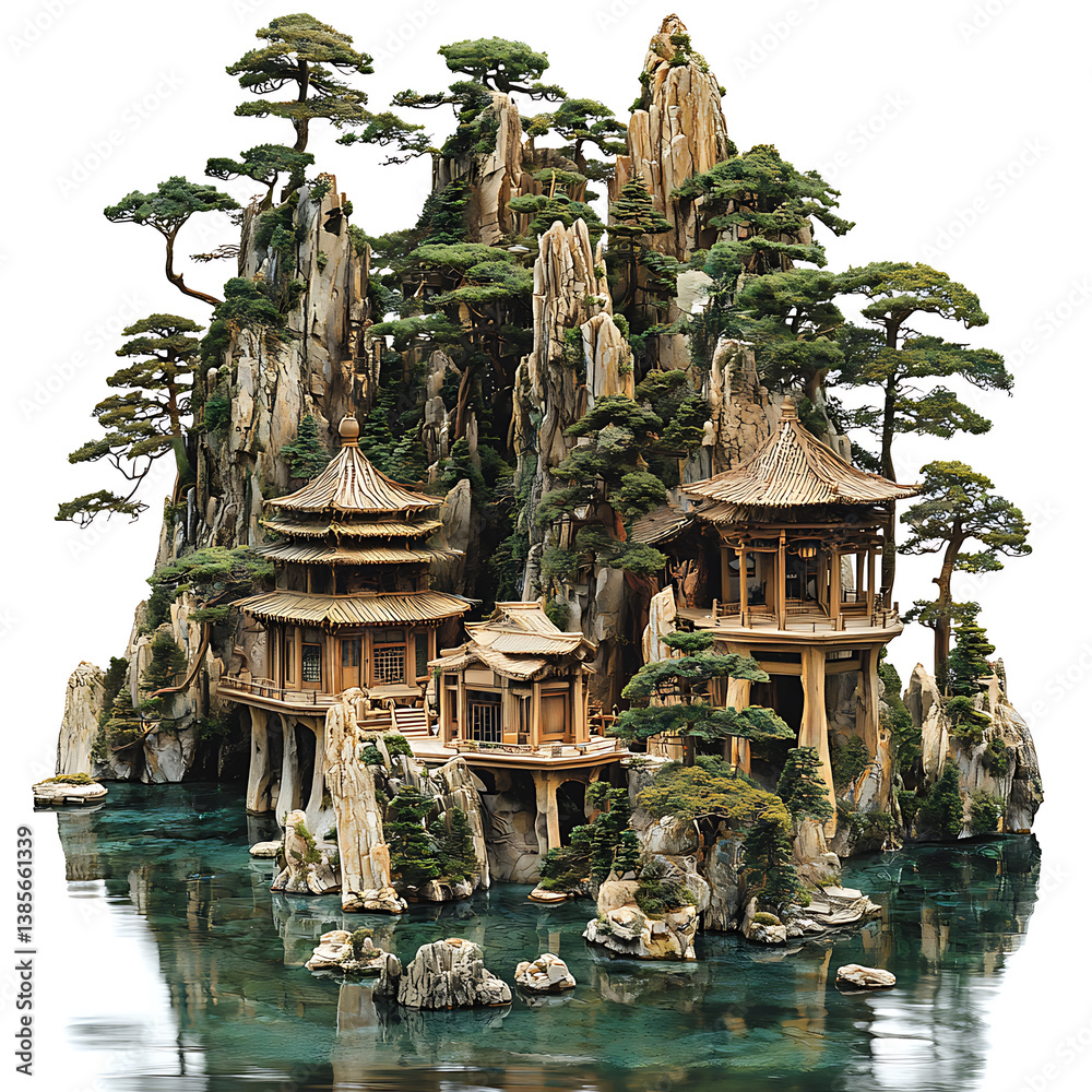 Fototapeta premium Elaborate miniature landscape featuring traditional Asian architecture nestled among rugged tree-covered mountains reflected in serene water.