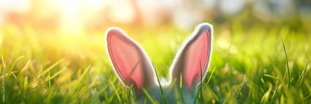 A funny Easter bunny with long ears sitting in the grass