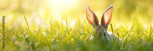 A funny Easter bunny with long ears sitting in the grass