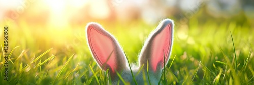 A funny Easter bunny with long ears sitting in the grass