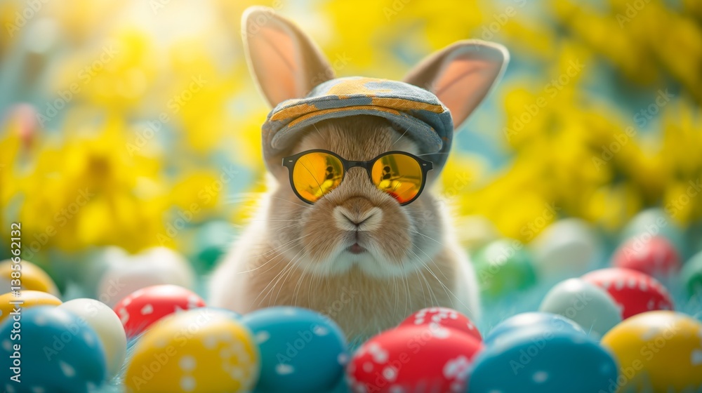 funny Easter bunny with sunglasses and cap sits in the grass with colourful Easter eggs
