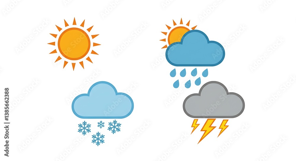 Fototapeta premium Flat design weather icons set with sun, rain, snow, and storm variations