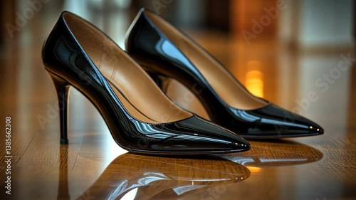 Elegant Black High Heels on Polished Wood Floor