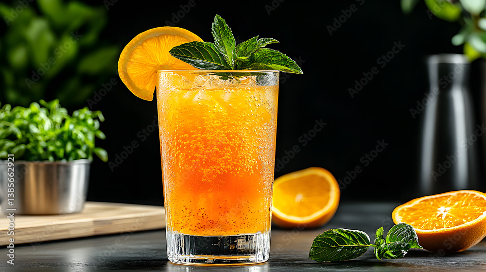 Fototapeta premium Refreshing Citrus Sparkler with Mint Garnish on Dark Background