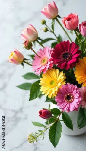 Wallpaper Mural Vibrant mixed flowers arrangement on white marble table , interior, floral Torontodigital.ca