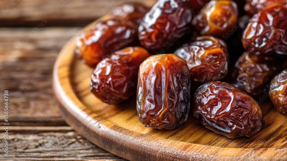 Dried dates on wooden platter Dried dates on wooden platter
