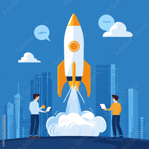 Two Businessmen Witnessing Rocket Launch in Cityscape