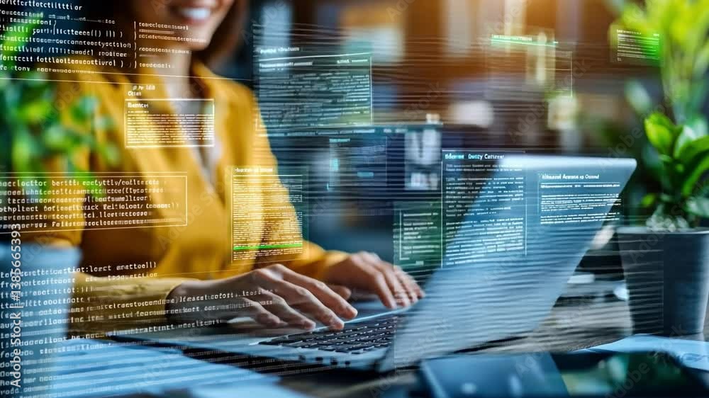 Digital Architect at Work: An expert coder, illuminated by the glowing screen of her laptop, meticulously crafts lines of code, symbolizing the dynamic power of technology and innovation. 