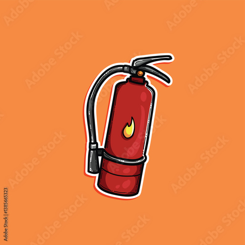 Detailed artistic representation of a traditional red fire extinguisher on a orange background, emphasizing safety, firefighting, and protection aesthetics in a simplistic and modern cartoon style.