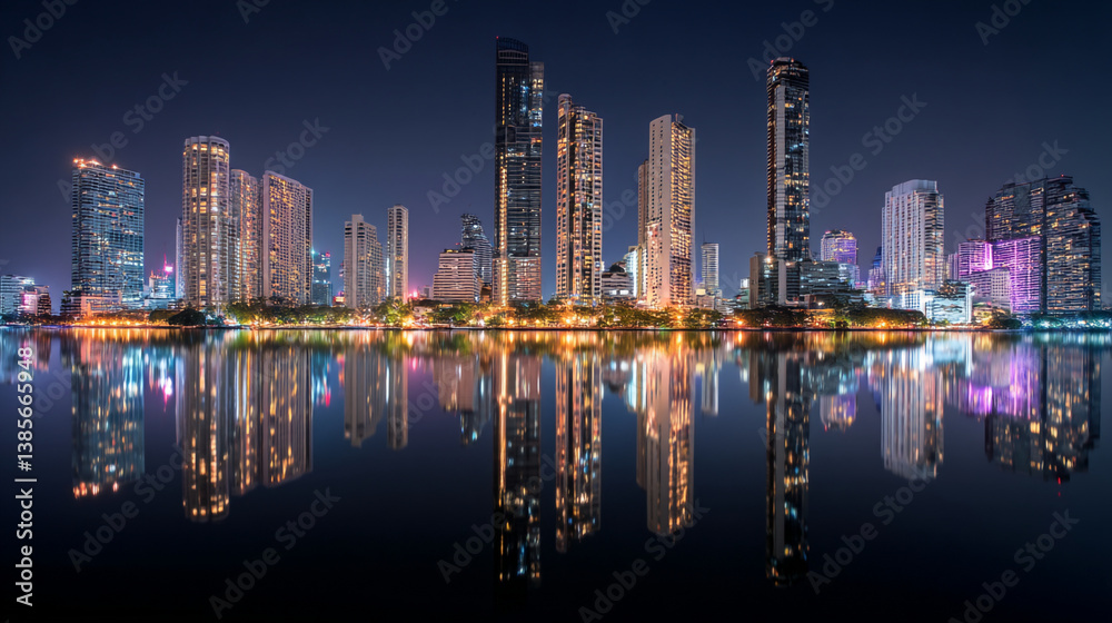 Fototapeta premium Night cityscape with illuminated skyscrapers reflected in dark water creating a mirror effect