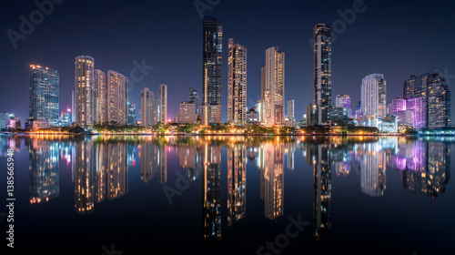 Wallpaper Mural Night cityscape with illuminated skyscrapers reflected in dark water creating a mirror effect Torontodigital.ca