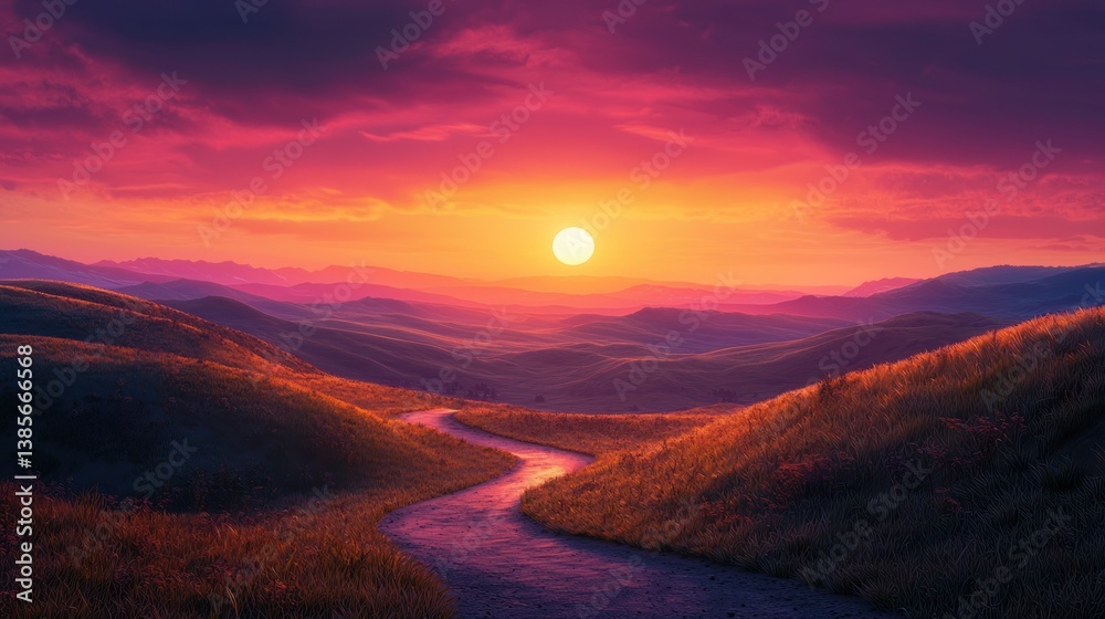 Fototapeta premium Majestic Sunset Over Rolling Hills and Winding Road