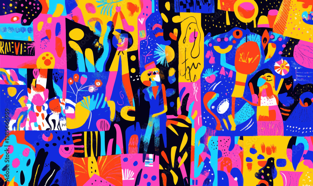 Obraz premium Vibrant Carnival Celebration: Colorful Patchwork of Joyful Festival Characters