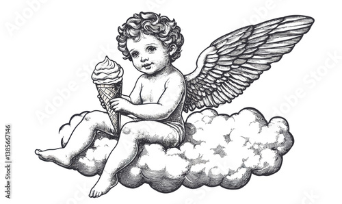 Playful Cherub Sitting on Cloud with Melting Ice Cream Cone Sketch Vector