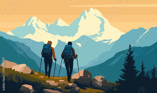 Couple Hiking in Alpine Mountains Minimalist Vector Art with Scenic Landscape