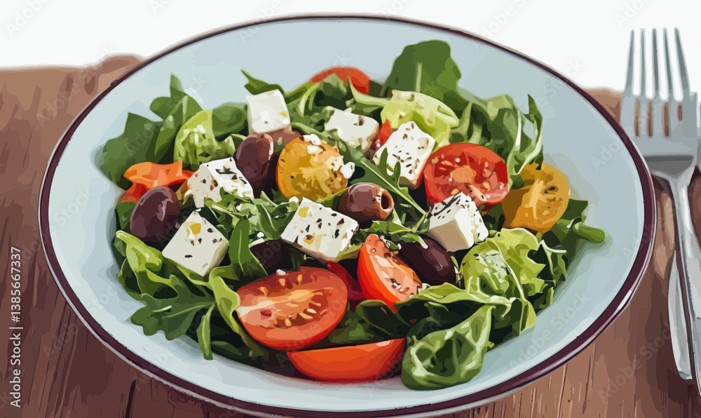 Minimalist Vector Salad Illustration with Green, Tomato, Feta and Olives Minimalist Vector Salad Illustration with Green, Tomato, Feta and Olives
