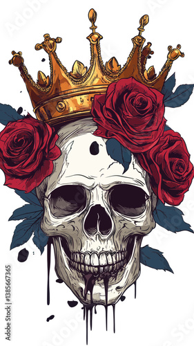 Regal Skull with Crown and Roses - Vintage Trash Polka Tattoo Style Vector Art